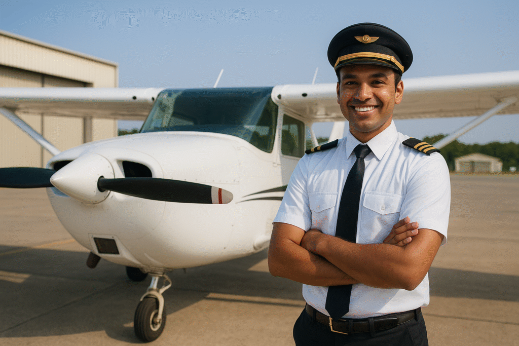 Student pilot in uniform standing beside a training aircraft at a flying school – Pilot Course in India.