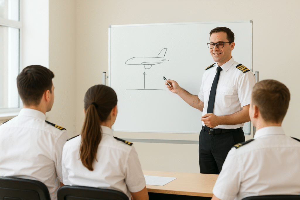 Pilot instructor teaching aviation students in a classroom during DGCA CPL ground classes.