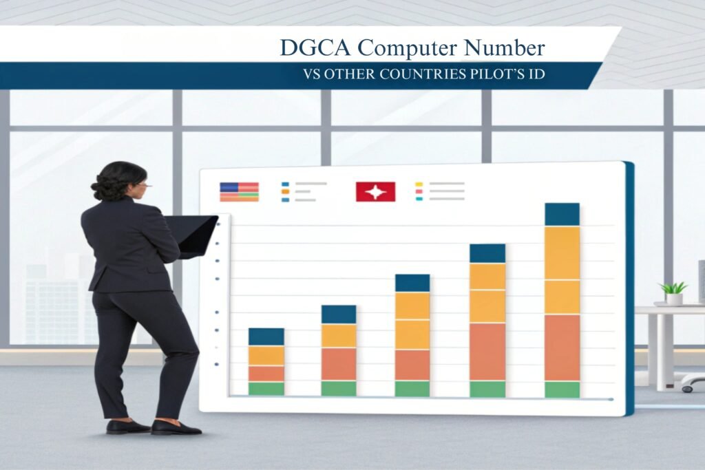 A businesswoman analyzing a bar chart comparing DGCA Computer Number with other countries' pilot IDs, displayed on a large digital screen in an office setting.
