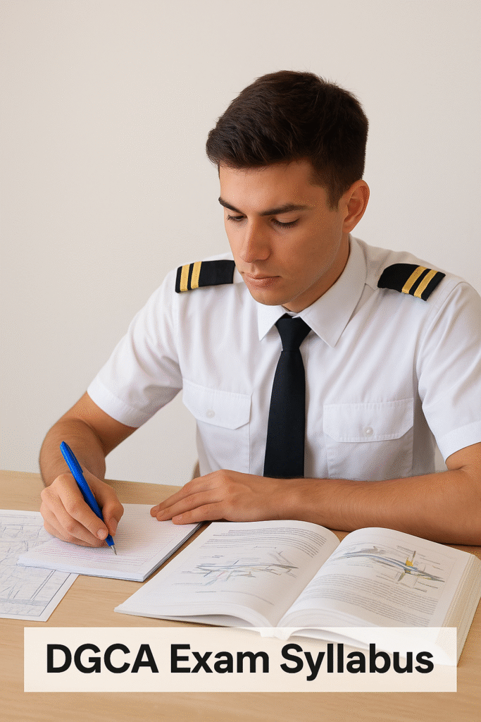 A student pilot in uniform studying with books and notes for the DGCA Exam Syllabus.
