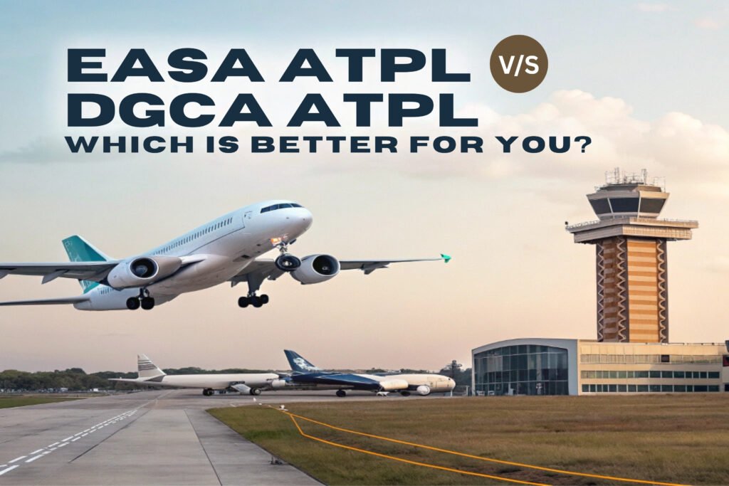 Commercial aircraft taking off near an airport control tower with text comparing EASA ATPL V/S DGCA ATPL for pilot career choices.