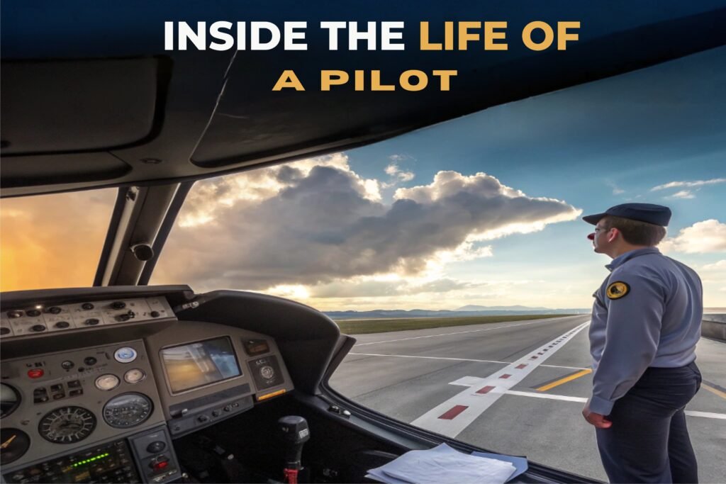 "Life of a Pilot – cockpit view with pilot looking at runway during sunset"