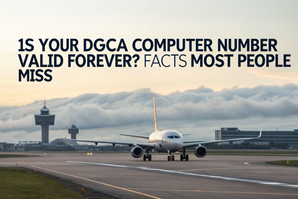 Airplane taxiing on runway with control tower in background and headline text asking about DGCA Computer Number validity.