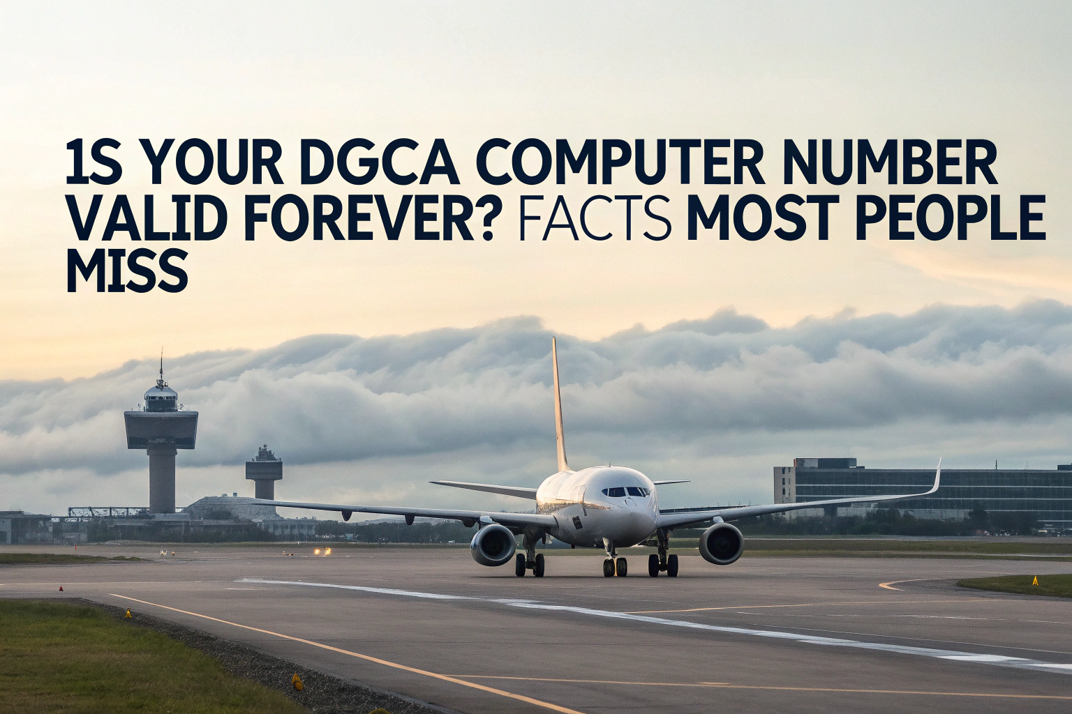 Airplane taxiing on runway with control tower in background and headline text asking about DGCA Computer Number validity.