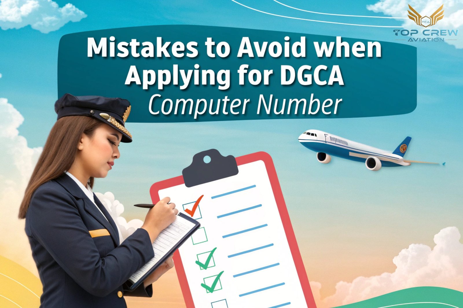 A female pilot in uniform filling out a checklist, with an airplane flying in the sky and text reading 'Mistakes to Avoid when Applying for DGCA Computer Number'