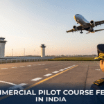 Pilot watching an airplane take off from the runway near an airport terminal, representing Commercial Pilot Course training in India.
