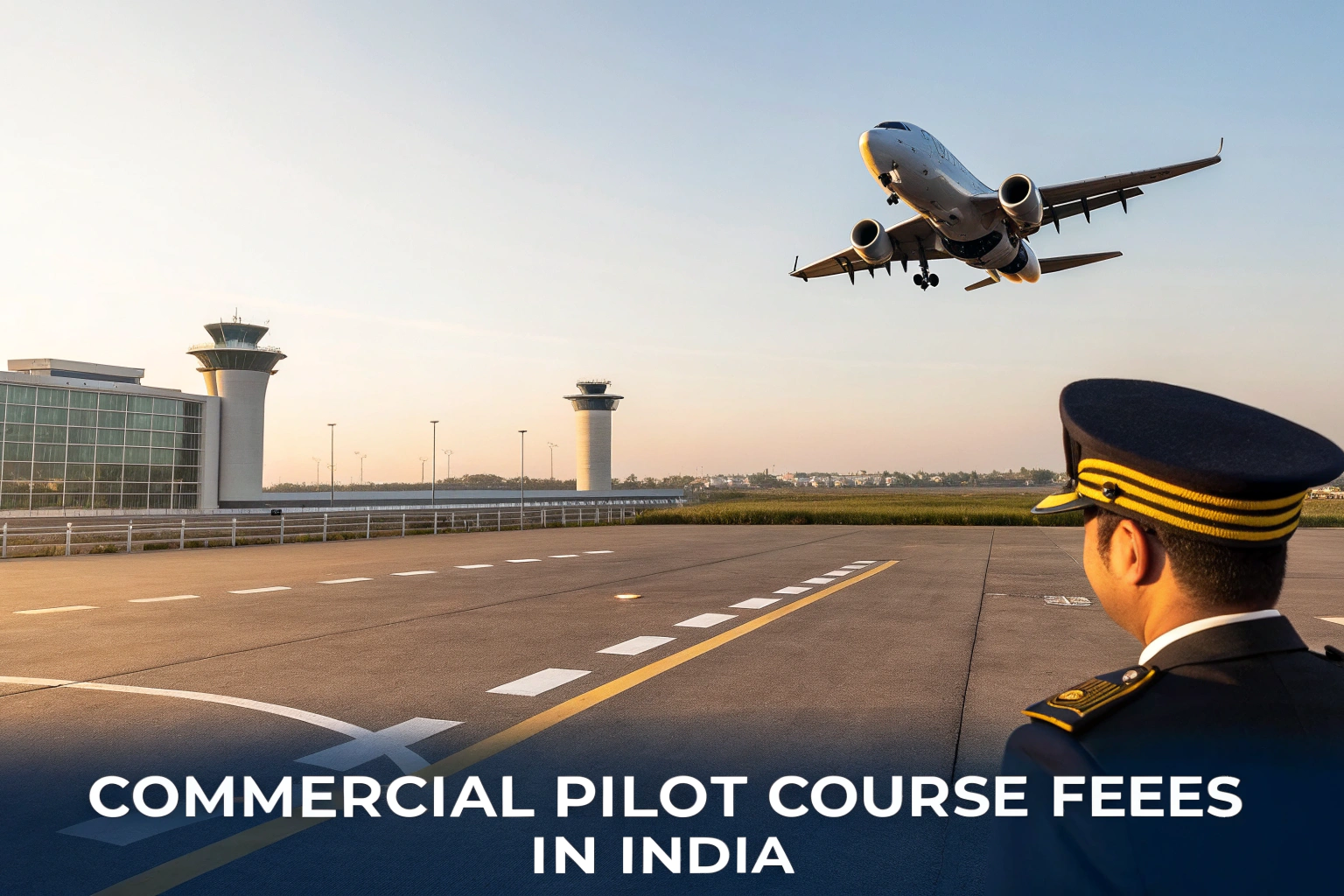 Pilot watching an airplane take off from the runway near an airport terminal, representing Commercial Pilot Course training in India.