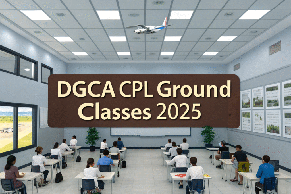 Students attending DGCA CPL ground classes 2025 in a modern classroom with an airplane image above.