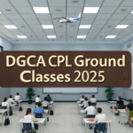 Students attending DGCA CPL ground classes 2025 in a modern classroom with an airplane image above.