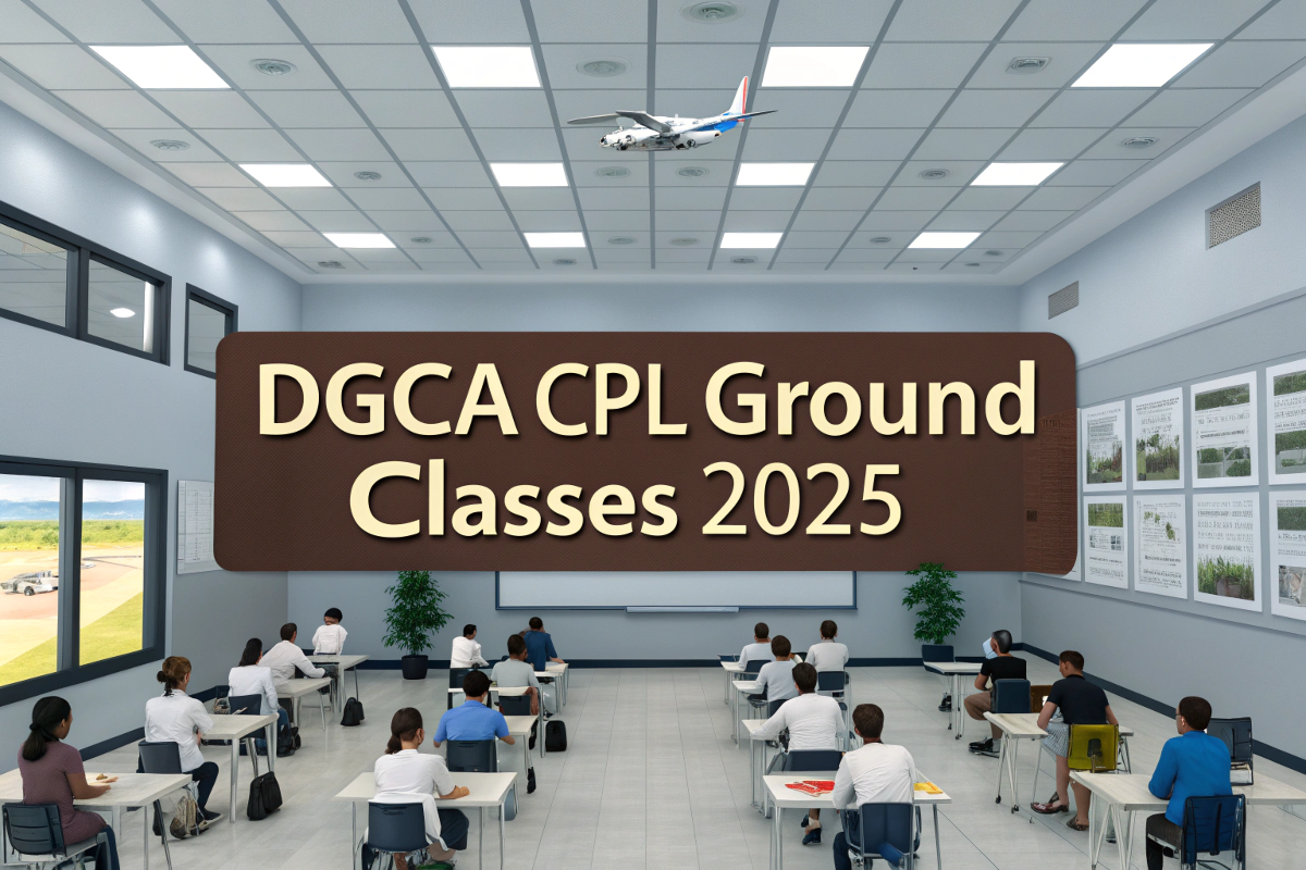 Students attending DGCA CPL ground classes 2025 in a modern classroom with an airplane image above.