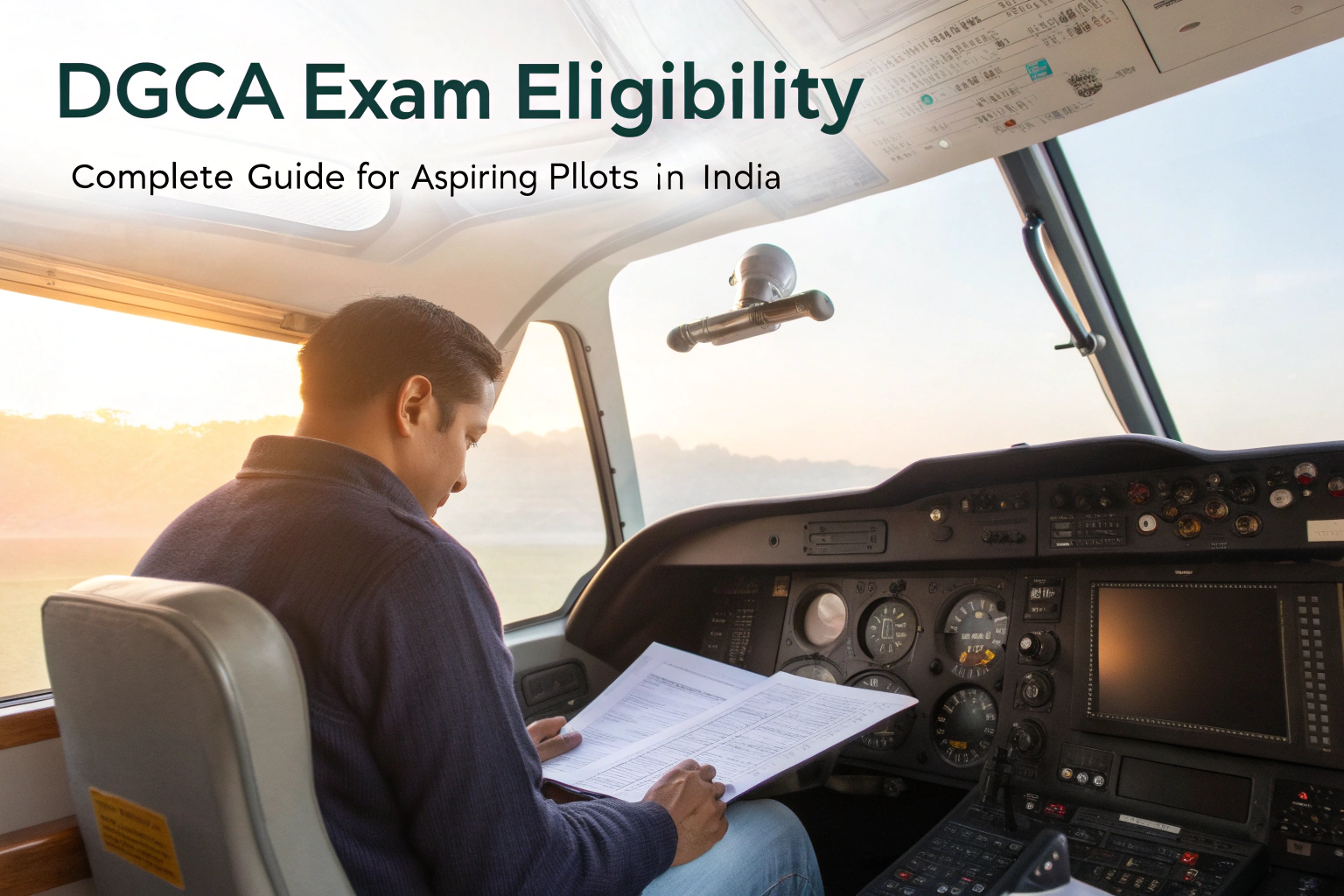 A pilot sitting in the cockpit reviewing documents, illustrating DGCA Exam Eligibility for aspiring pilots in India.