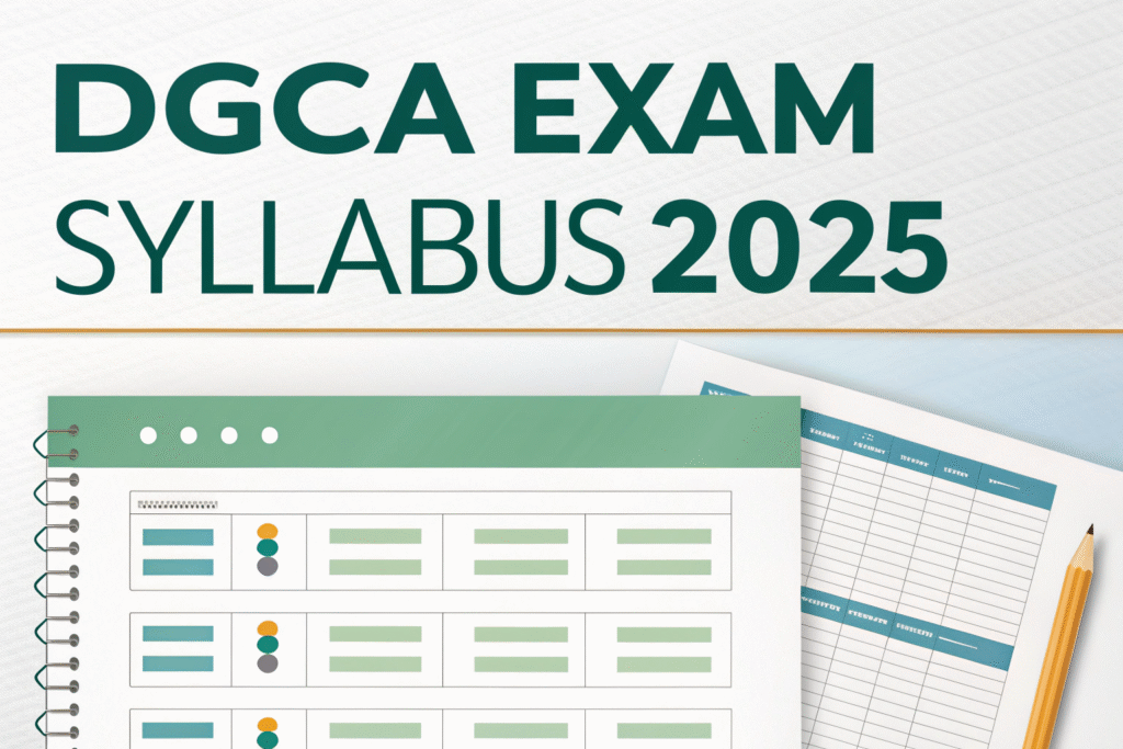 Illustration of the DGCA Exam Syllabus 2025 with a notebook, documents, and a pencil.