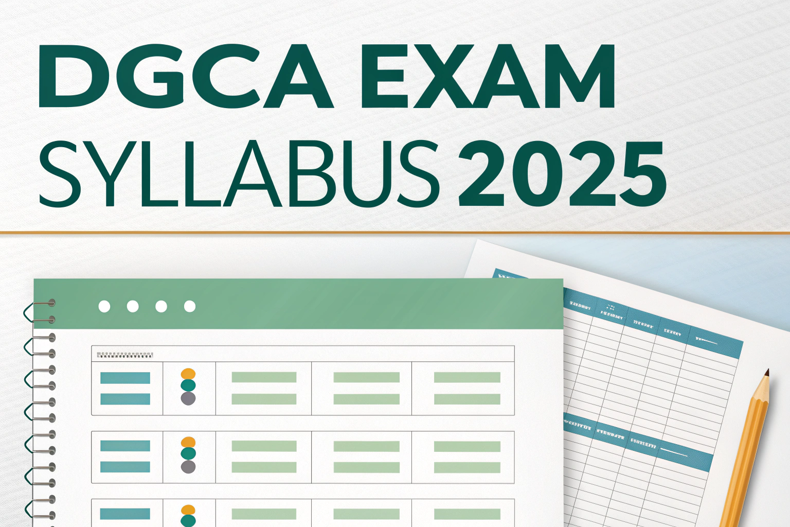 Illustration of the DGCA Exam Syllabus 2025 with a notebook, documents, and a pencil.
