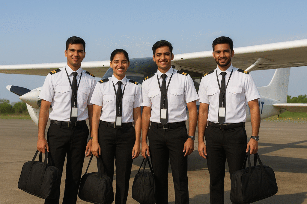 "Students at a flight school in India receiving pilot training outdoors"