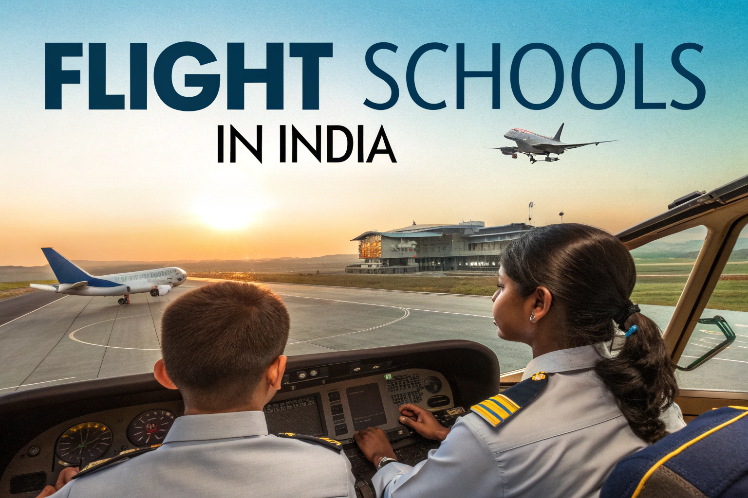 Cadet pilots training in a cockpit with airplanes on the runway at a flight school in India.