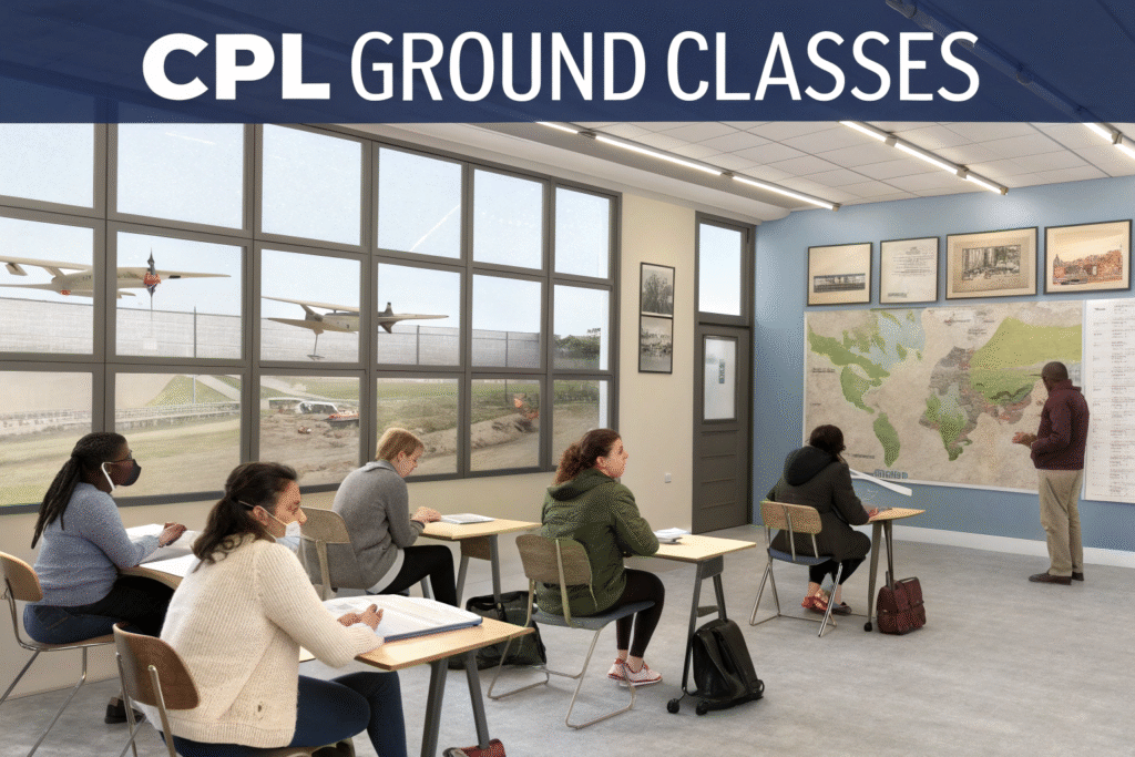 Students attending CPL Ground Classes with an instructor teaching aviation theory in a classroom.