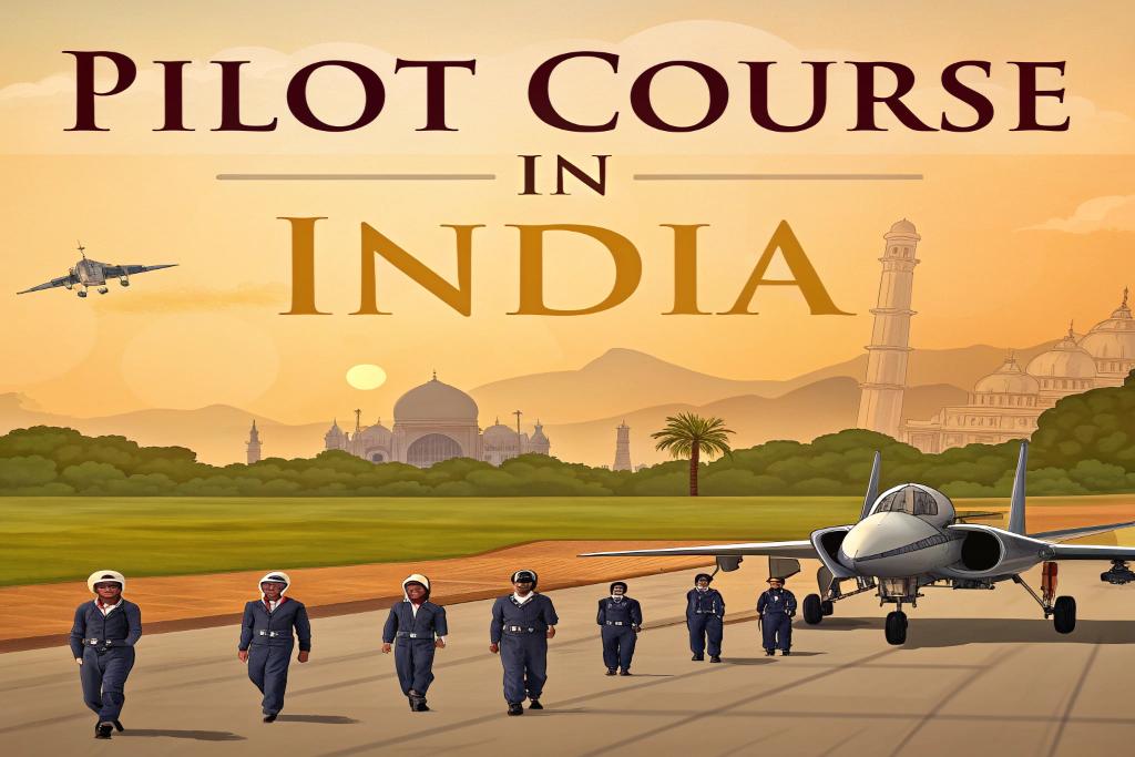 Group of pilots in uniform walking near fighter jet with Indian landmarks in the background – Pilot Course in India.