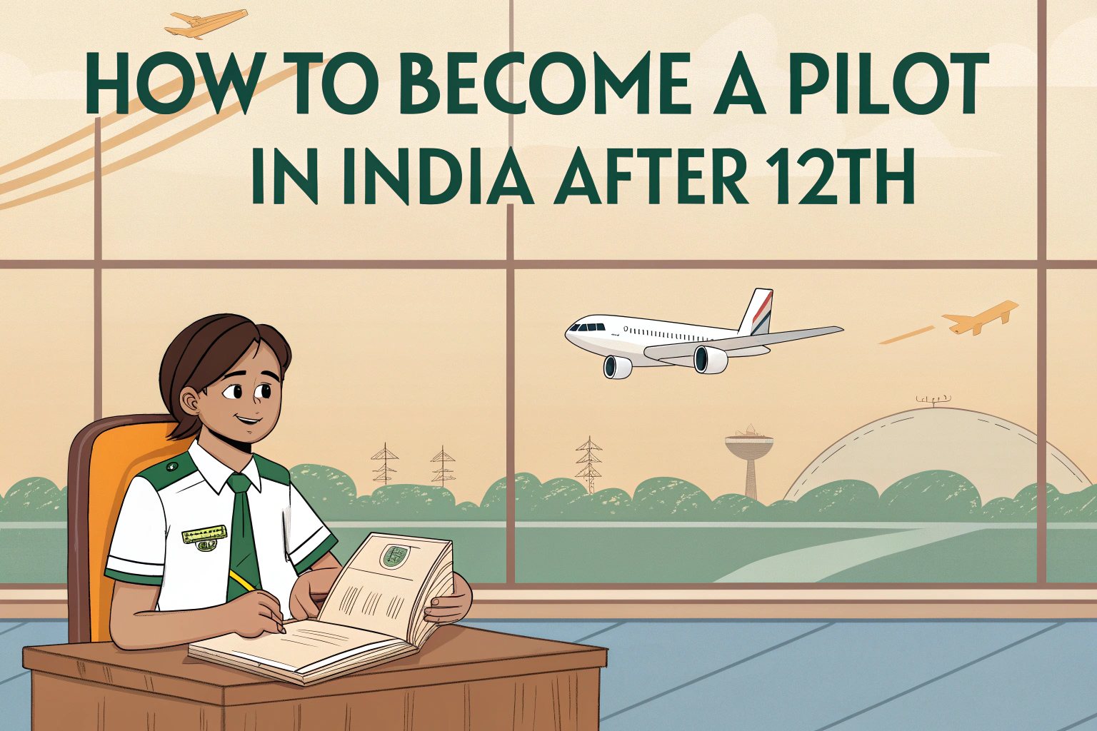 Illustration of a student in pilot uniform studying with airplanes flying outside, representing the guide on How to Become a Pilot in India After 12th.
