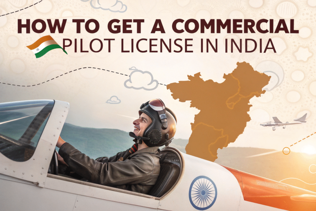 Young pilot sitting in an aircraft with map of India in background – How to get a Commercial Pilot License in India.