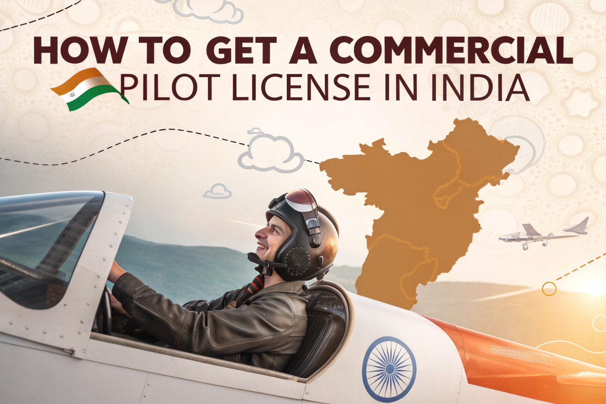 Young pilot sitting in an aircraft with map of India in background – How to get a Commercial Pilot License in India.