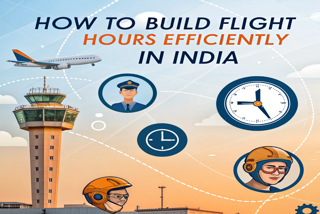 Illustration showing pilots, control tower, airplane, and clocks representing how to build flight hours in India efficiently.