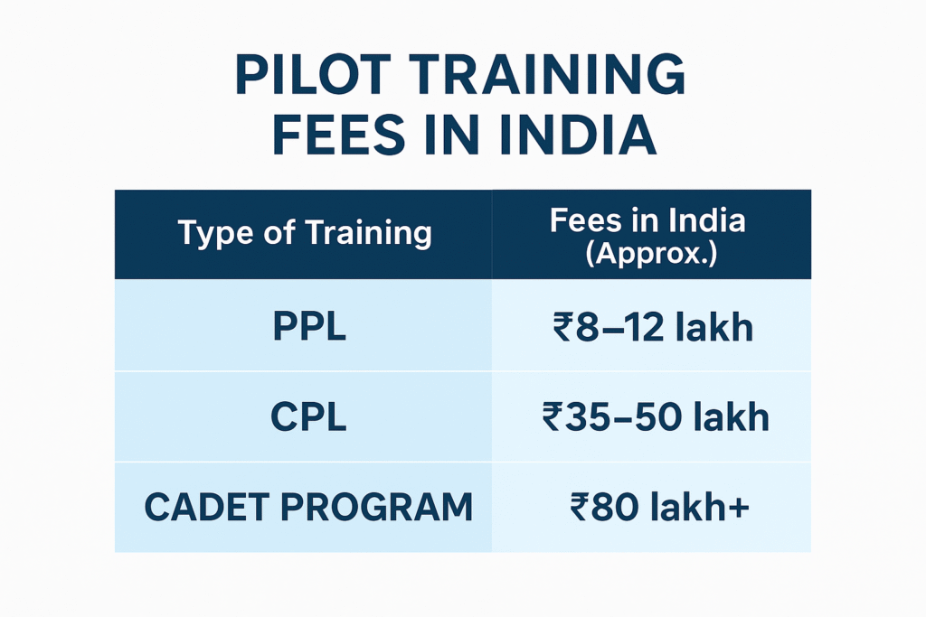 Pilot training fees in India comparison chart showing PPL, CPL, and Cadet Program costs.