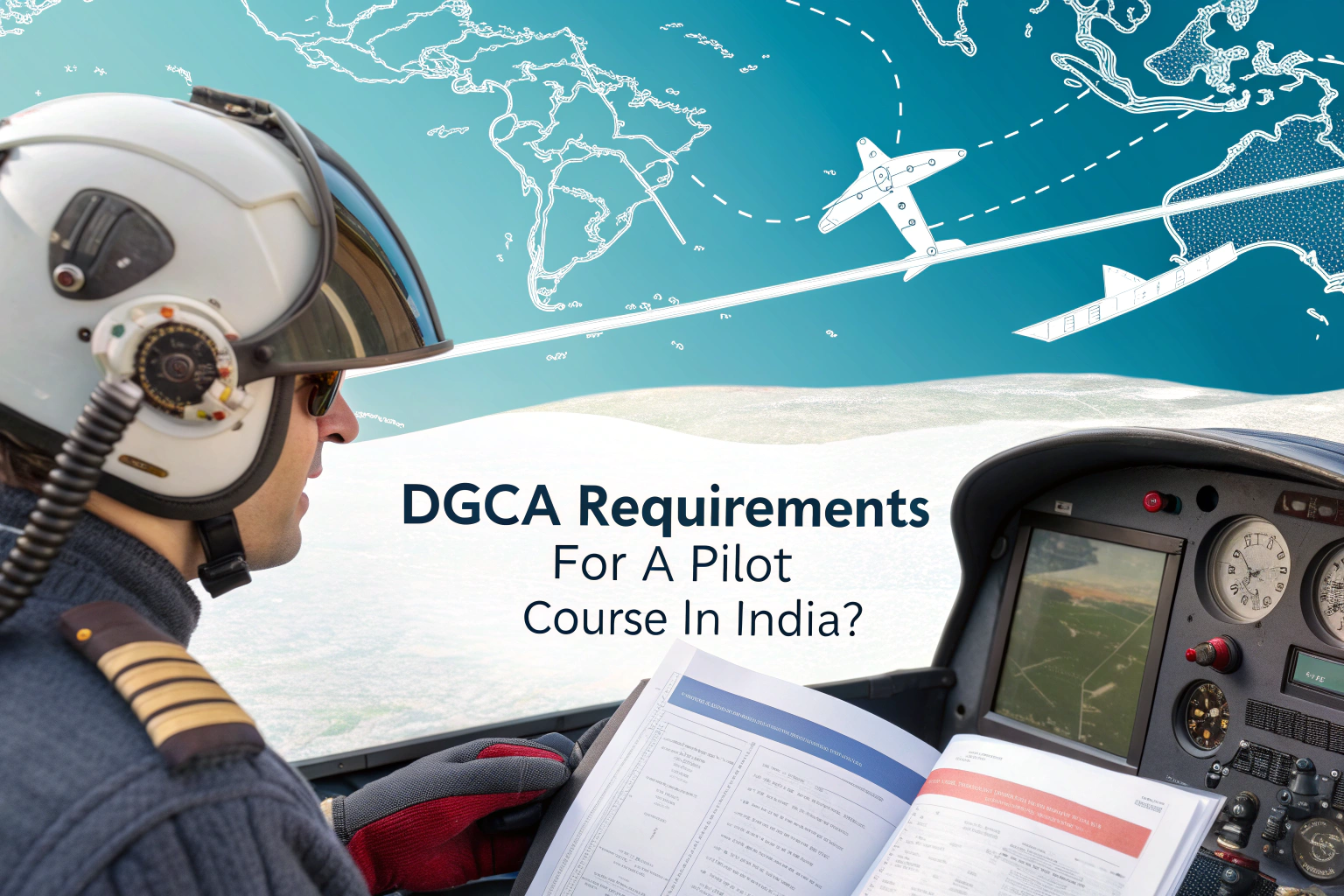 DGCA requirements for a Pilot Course in India with a pilot in cockpit studying flight manual.
