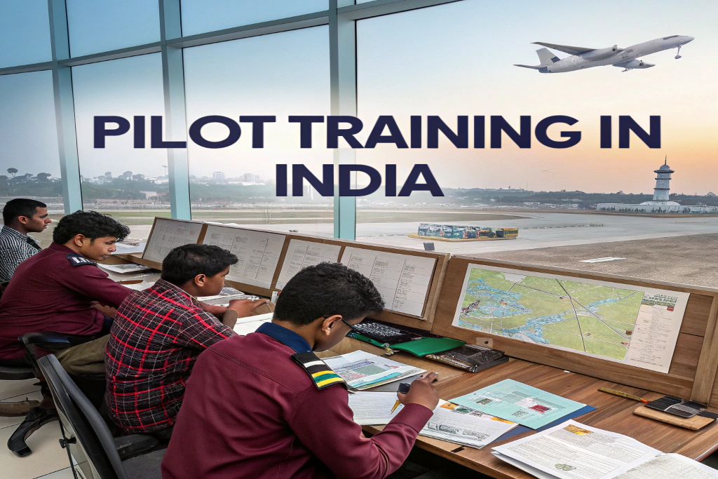 Students in uniform studying aviation maps and charts in a classroom overlooking a runway, with an airplane taking off, representing pilot training in India.