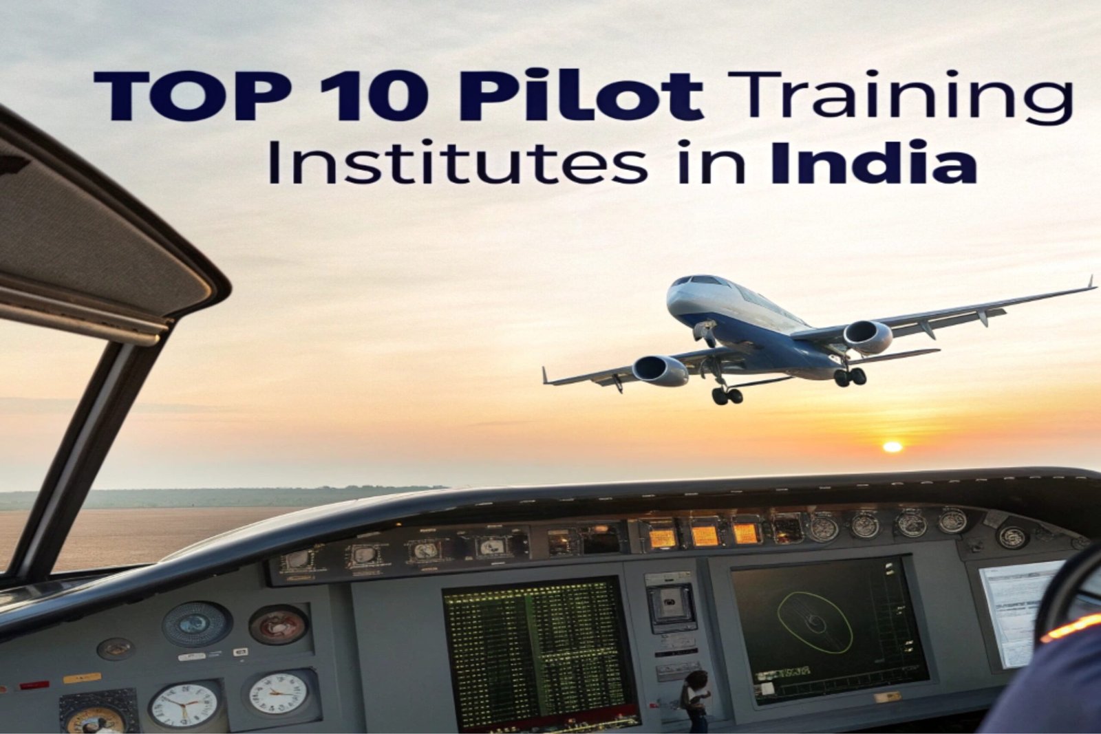 Cockpit view with an airplane taking off at sunset showcasing the top 10 pilot training institutes in India.