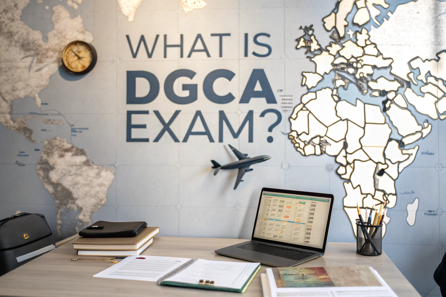Study desk with books, laptop, and world map background highlighting the question "What is DGCA Exam?" for aspiring pilots.