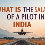 Airplane taking off from runway with text asking about pilot salary in India.