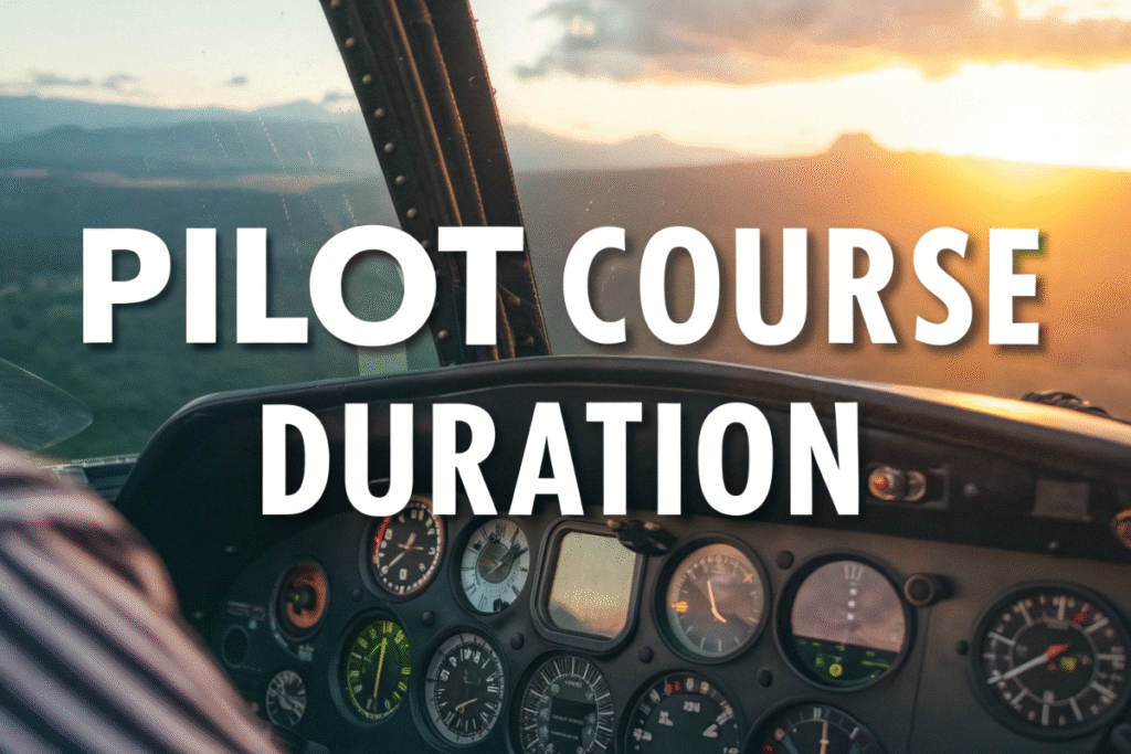 Cockpit view during sunset with bold text highlighting pilot course duration.