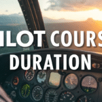 Cockpit view during sunset with bold text highlighting pilot course duration.