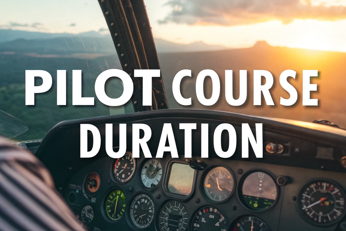 Cockpit view during sunset with bold text highlighting pilot course duration.